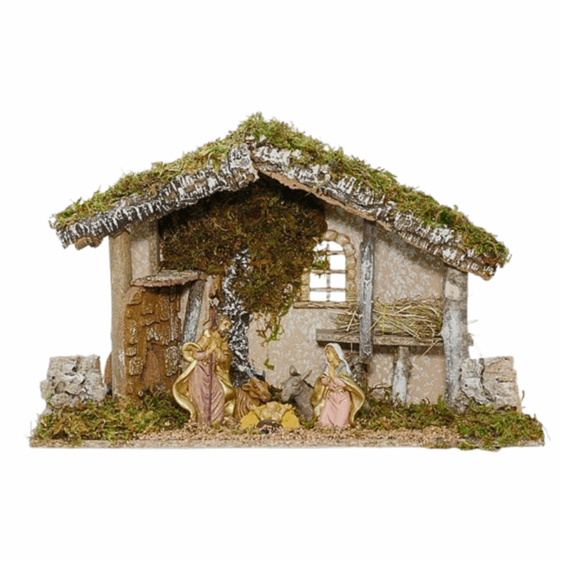 Capanna completa con 5 figure della natività alti 12 cm