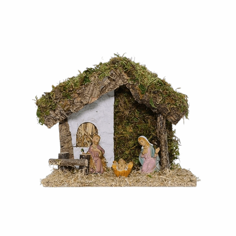 Capanna completa con 3 figure della natività alti 8,2 cm