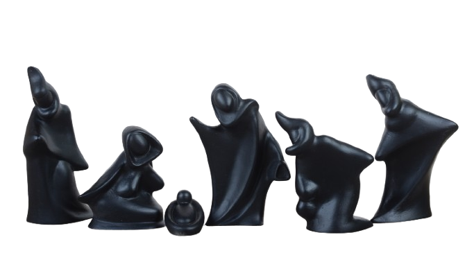 Natività 6 figure stilizzate in resina colore nero 12 cm.