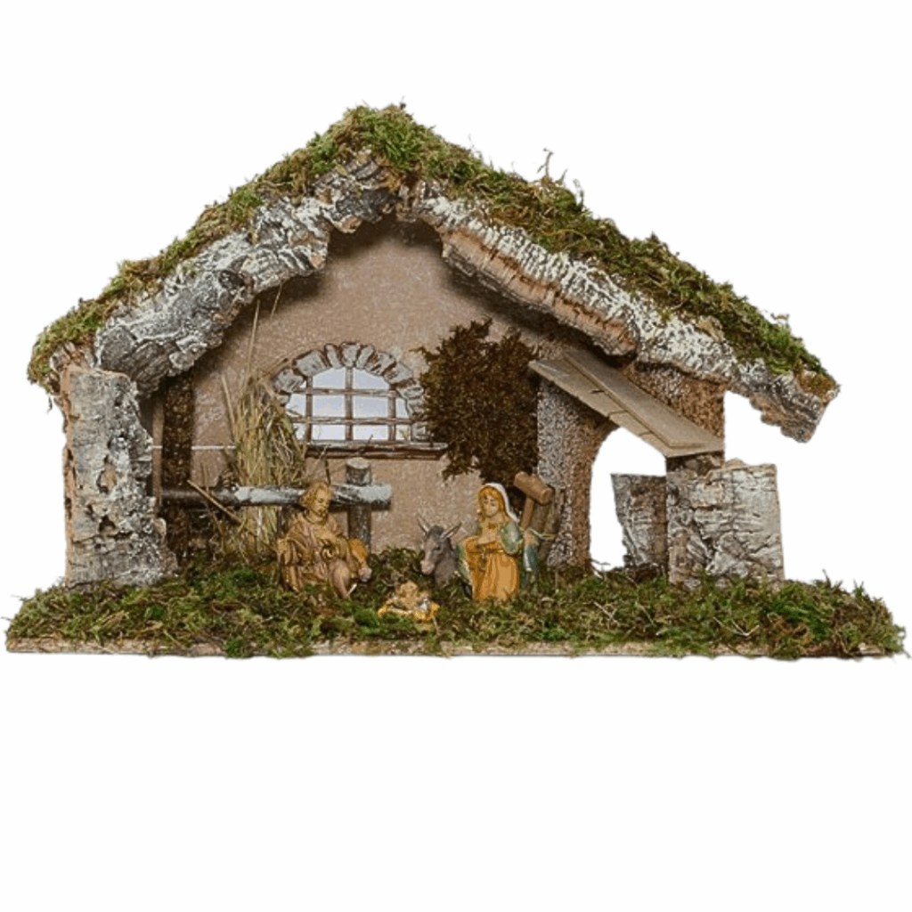Capanna completa con 5 figure della natività alti 10 cm
