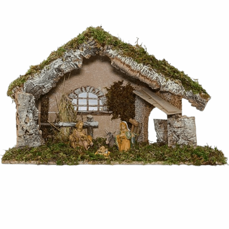 Capanna completa con 5 figure della natività alti 10 cm